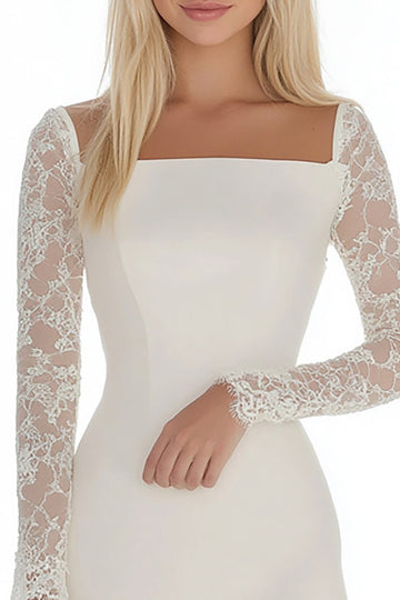 Robe moulante en satin de dentelle blanche à manches longues